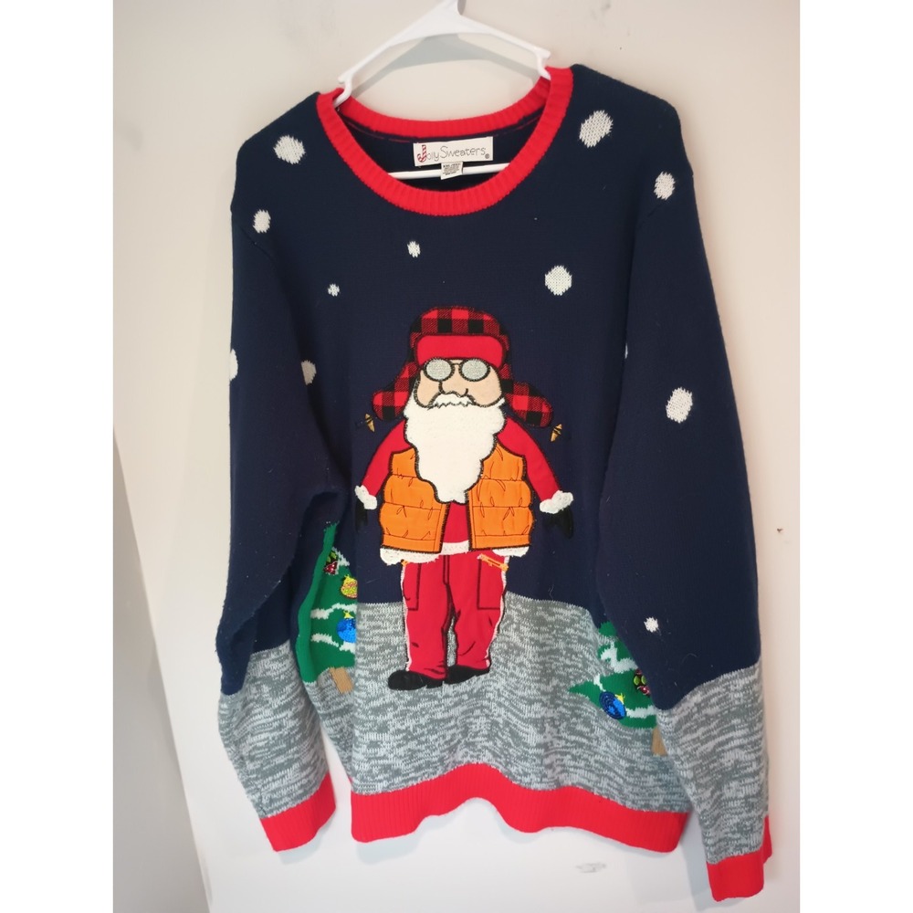 Jolly Sweaters Mens 2XL Ugly Christmas Sweater Hipster Santa Plaid Trapper Hat